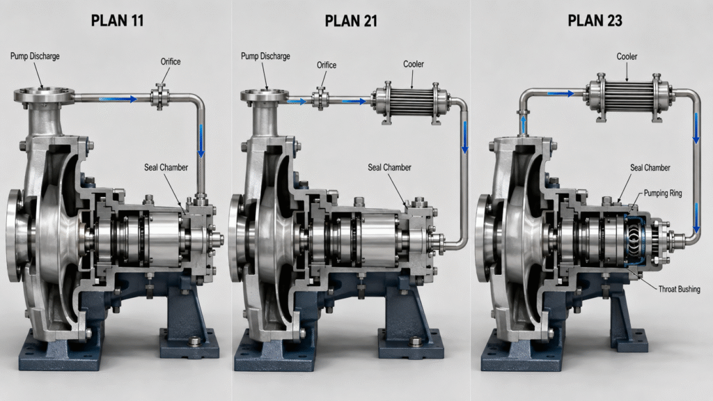 So sánh đường dòng hệ thống flush phớt theo API 682 Plan 11, Plan 21 và Plan 23