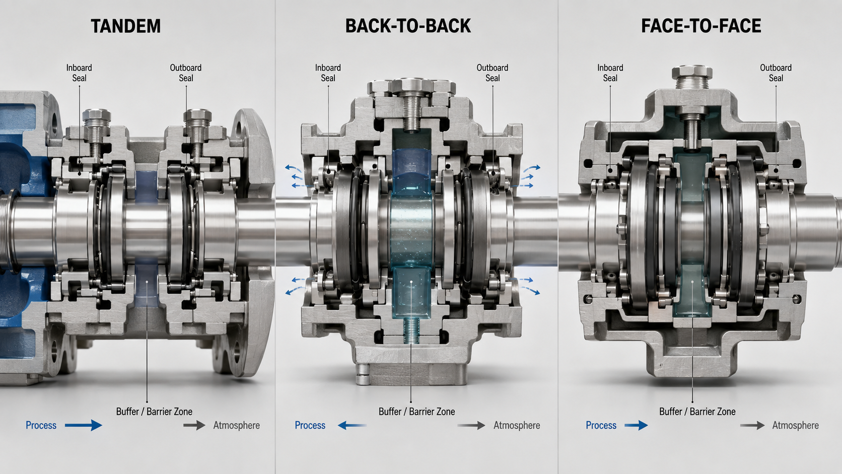 So sánh bố trí phớt kép tandem, back-to-back và face-to-face