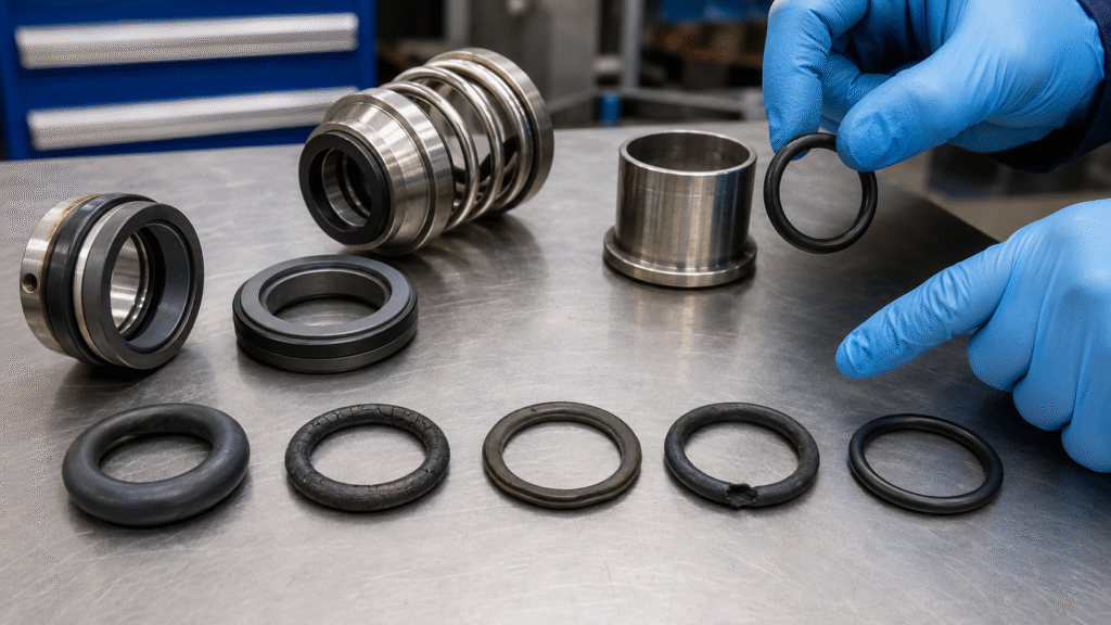 Hư hỏng elastomer phớt cơ khí với O-ring bị trương, nứt và bẹt