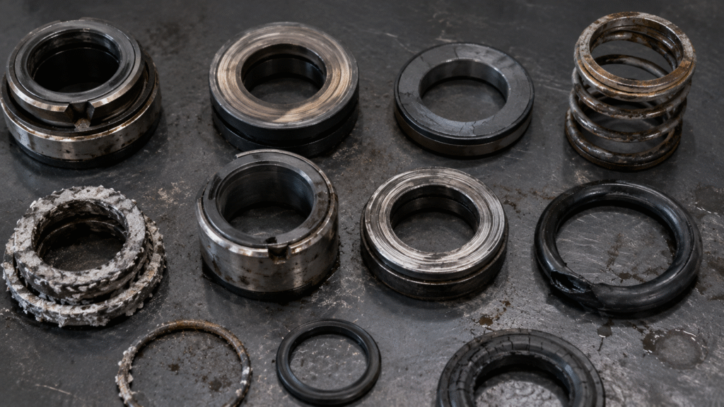 Mặt phớt xước, nứt, bám cặn cùng elastomer hỏng và lò xo ăn mòn